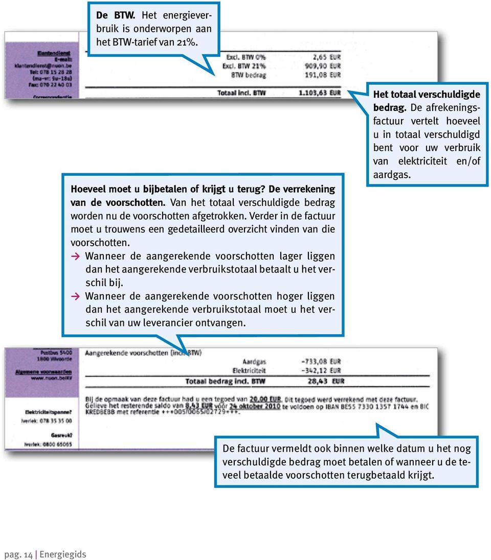 Wanneer de aangerekende voorschotten lager liggen dan het aangerekende verbruikstotaal betaalt u het verschil bij.