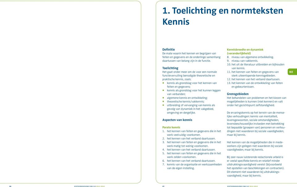 grondslag voor het kunnen leggen van verbanden; algemene kennis en ontwikkeling; theoretische kennis/vakkennis; uitbreiding of vervanging van kennis als gevolg van dynamiek in het vakgebied, omgeving