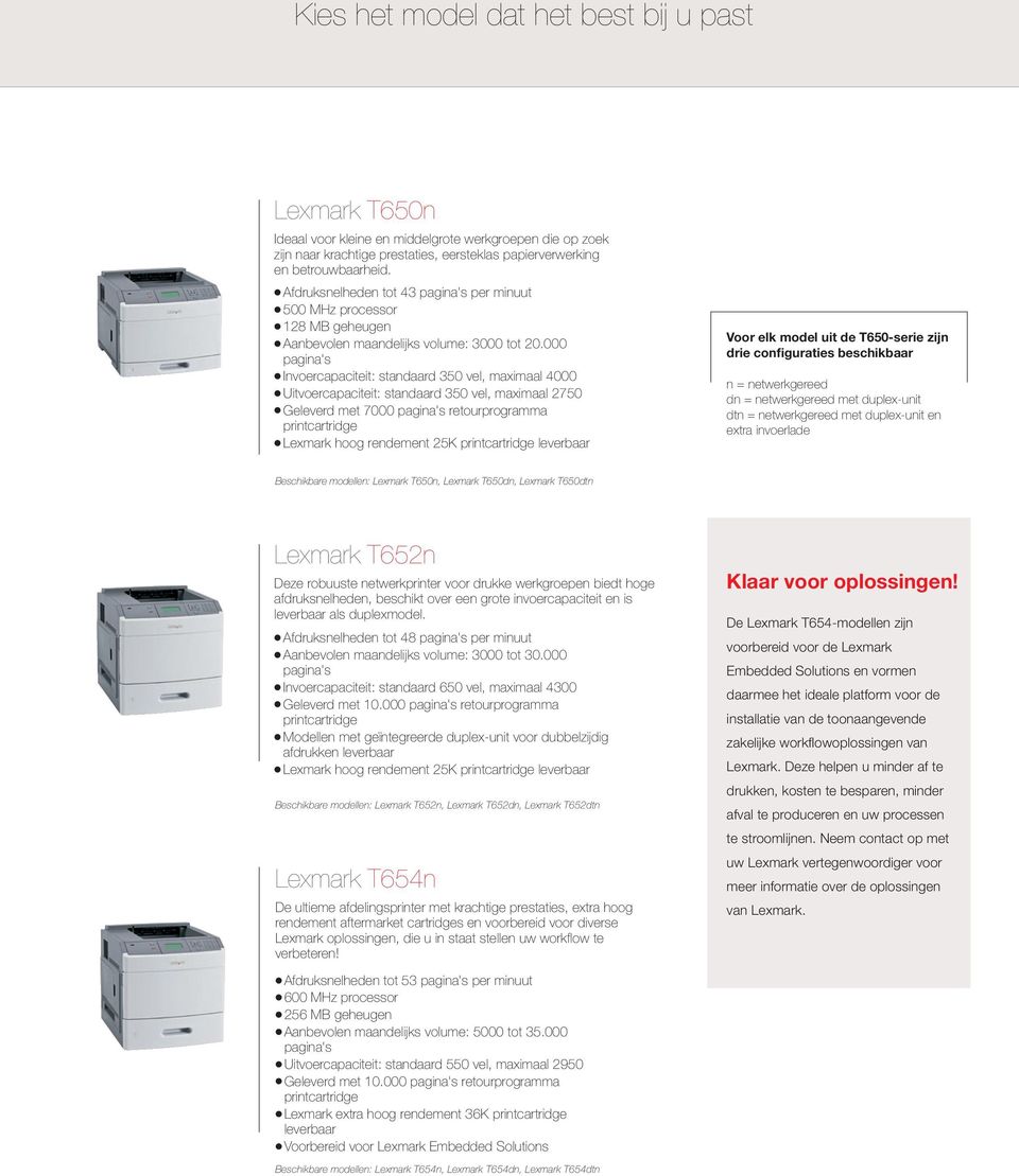 000 pagina's l Invoercapaciteit: standaard 350 vel, maximaal 4000 l Uitvoercapaciteit: standaard 350 vel, maximaal 2750 l Geleverd met 7000 pagina's retourprogramma l Lexmark hoog rendement 25K