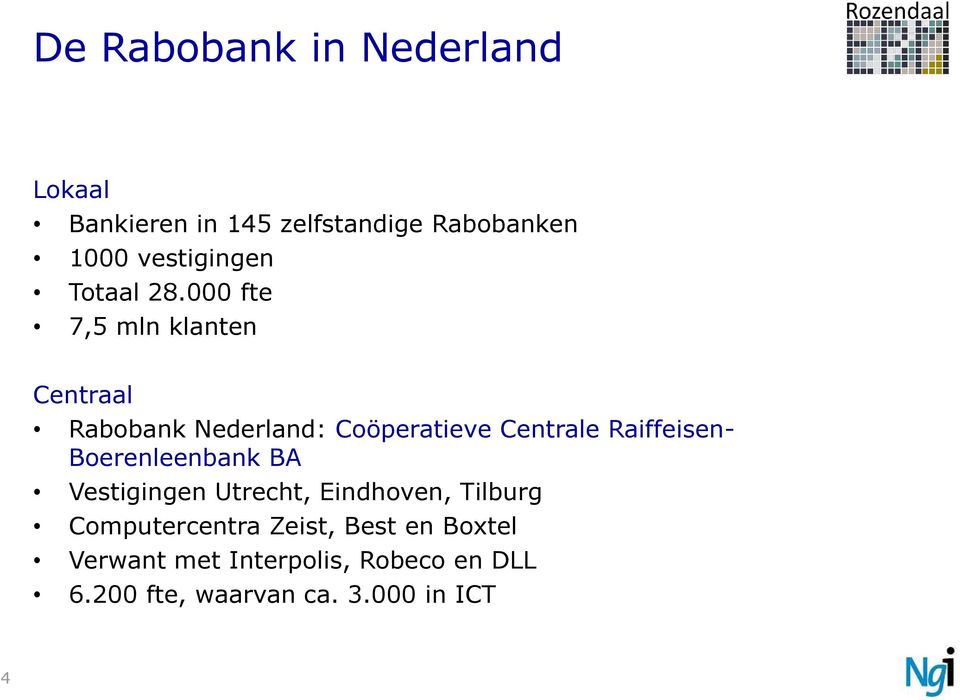 000 fte 7,5 mln klanten Centraal Rabobank Nederland: Coöperatieve Centrale Raiffeisen-