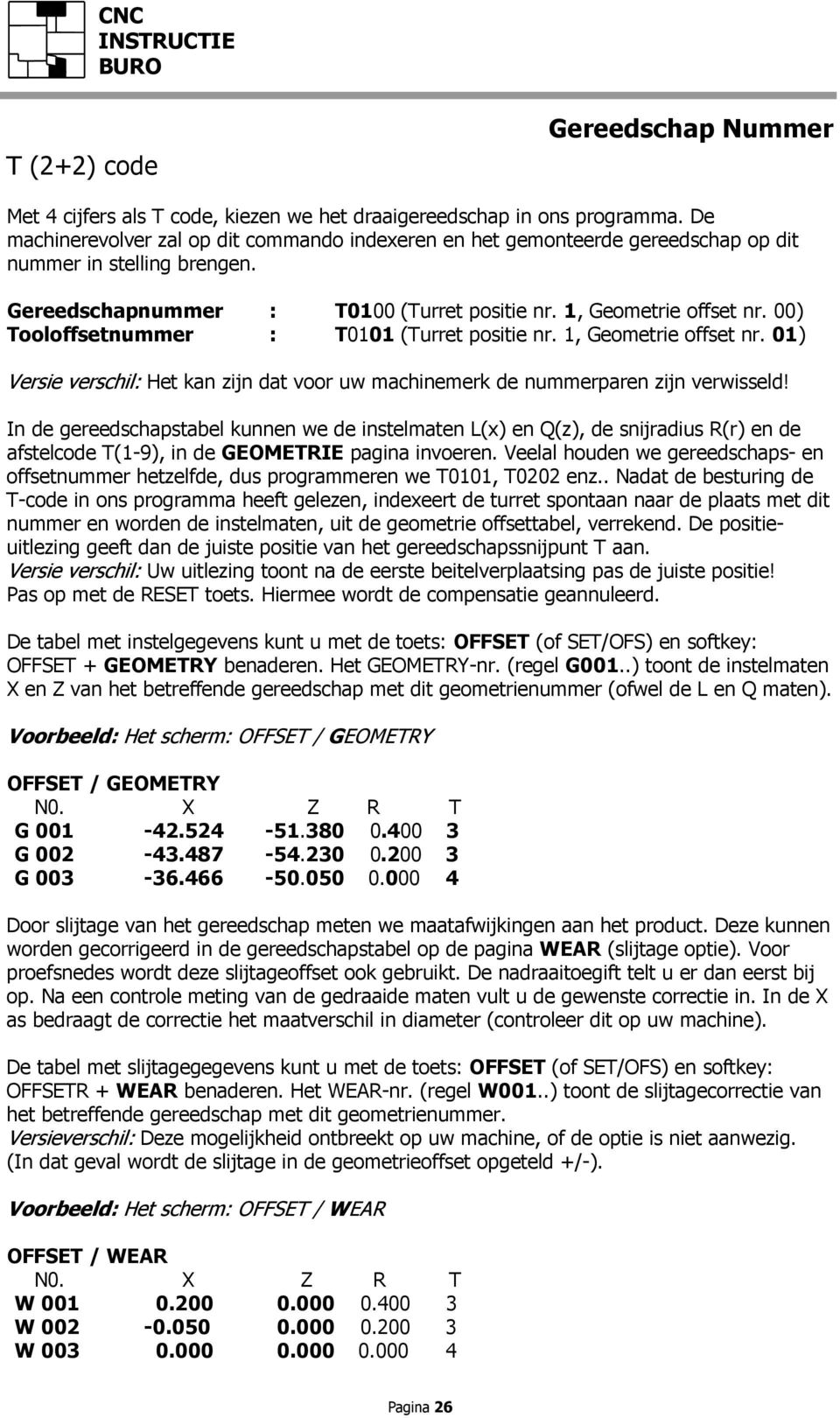 00) Tooloffsetnummer : T0101 (Turret positie nr. 1, Geometrie offset nr. 01) Versie verschil: Het kan zijn dat voor uw machinemerk de nummerparen zijn verwisseld!