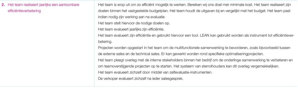 Het team past indien nodig zijn werking aan na evaluatie Het team stelt hiervoor de nodige doelen op. Het team evalueert jaarlijks zijn efficiëntie.