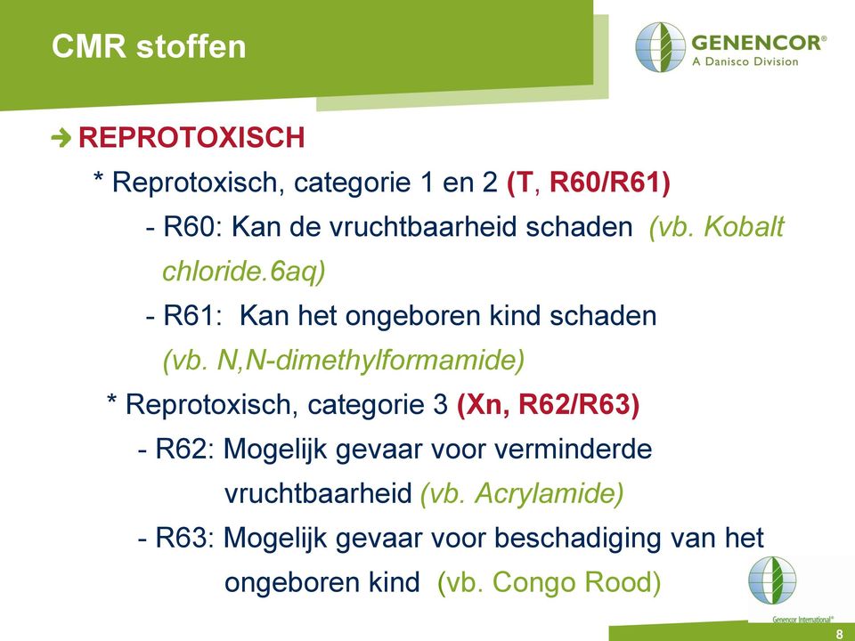 N,N-dimethylformamide) * Reprotoxisch, categorie 3 (Xn, R62/R63) - R62: Mogelijk gevaar voor