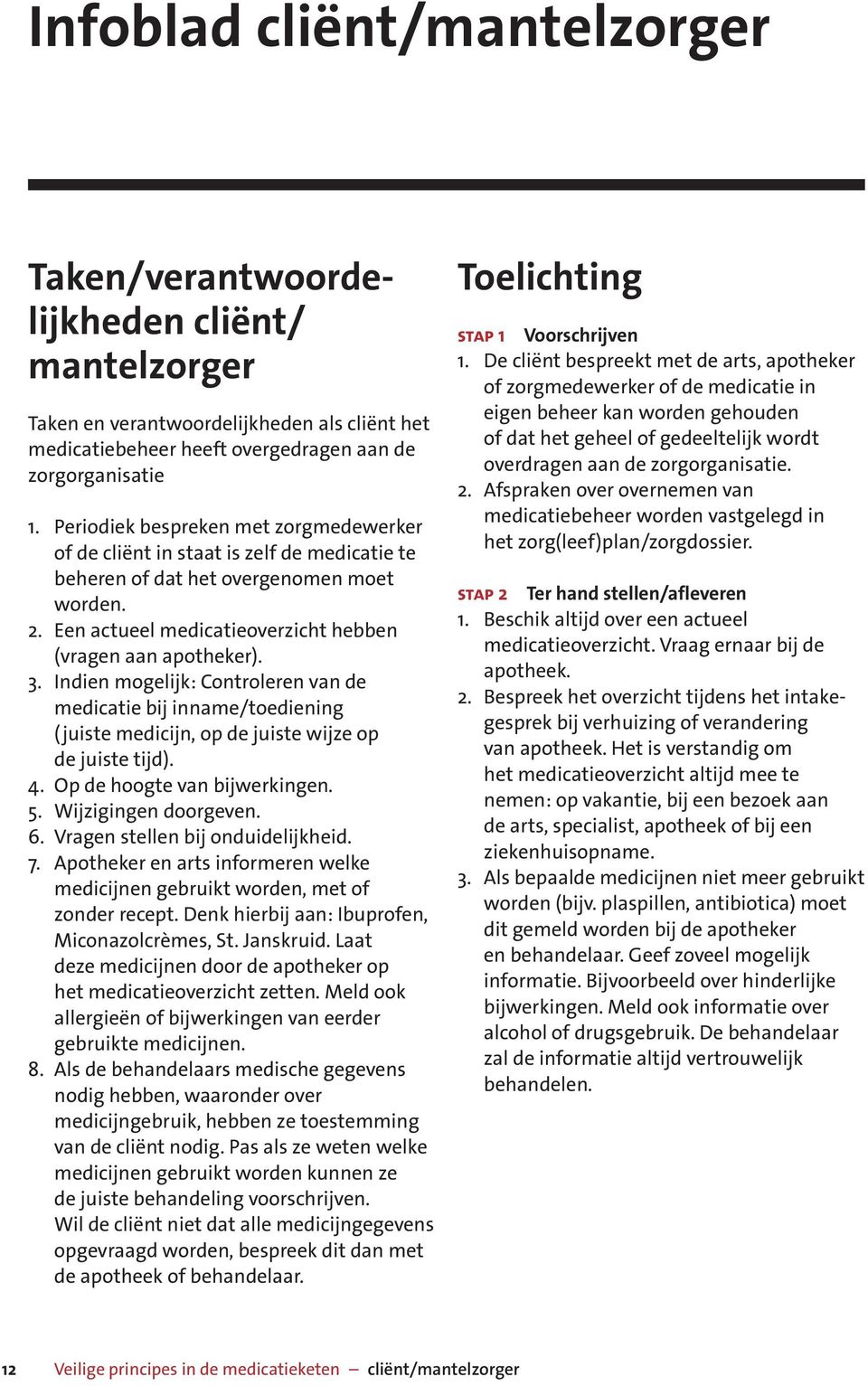 Indien mogelijk: Controleren van de medicatie bij inname/toediening (juiste medicijn, op de juiste wijze op de juiste tijd). 4. Op de hoogte van bijwerkingen. 5. Wijzigingen doorgeven. 6.