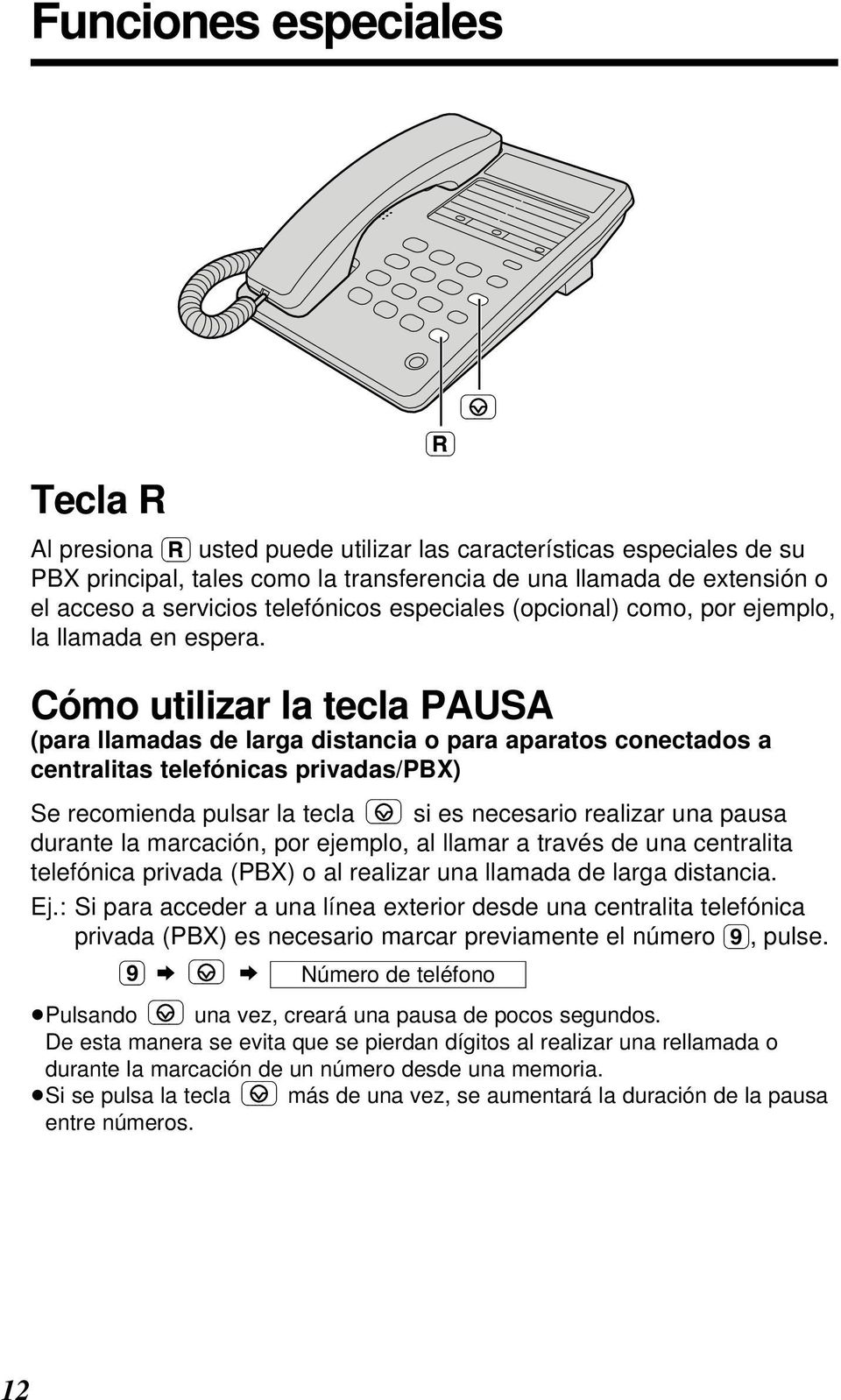 Cómo utilizar la tecla PAUSA (para llamadas de larga distancia o para aparatos conectados a centralitas telefónicas privadas/pbx) Se recomienda pulsar la tecla si es necesario realizar una pausa