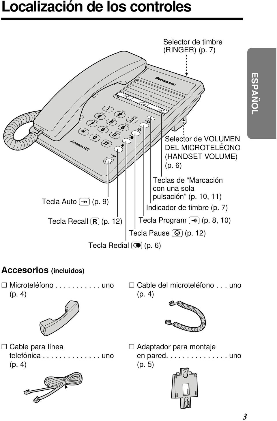 9) Tecla Recall (R) (p. ) Tecla Redial (p. 6) Teclas de Marcación con una sola pulsación (p. 0, ) Indicador de timbre (p. 7) Tecla Program (p.