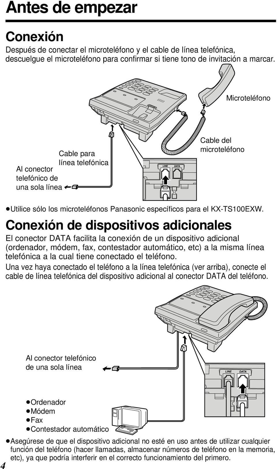 Conexión de dispositivos adicionales El conector DATA facilita la conexión de un dispositivo adicional (ordenador, módem, fax, contestador automático, etc) a la misma línea telefónica a la cual tiene