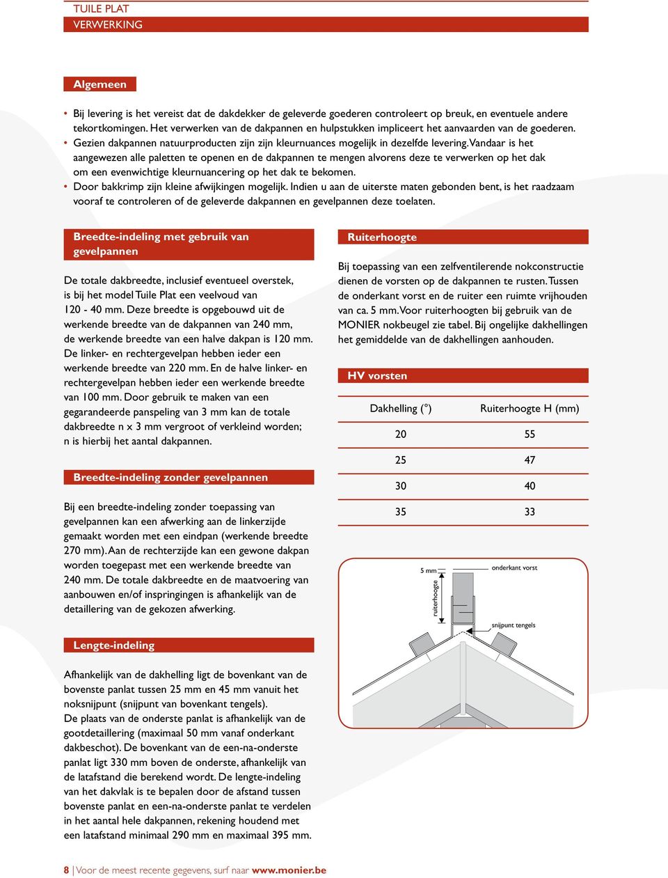 Vandaar is het aangewezen alle paletten te openen en de dakpannen te mengen alvorens deze te verwerken op het dak om een evenwichtige kleurnuancering op het dak te bekomen.