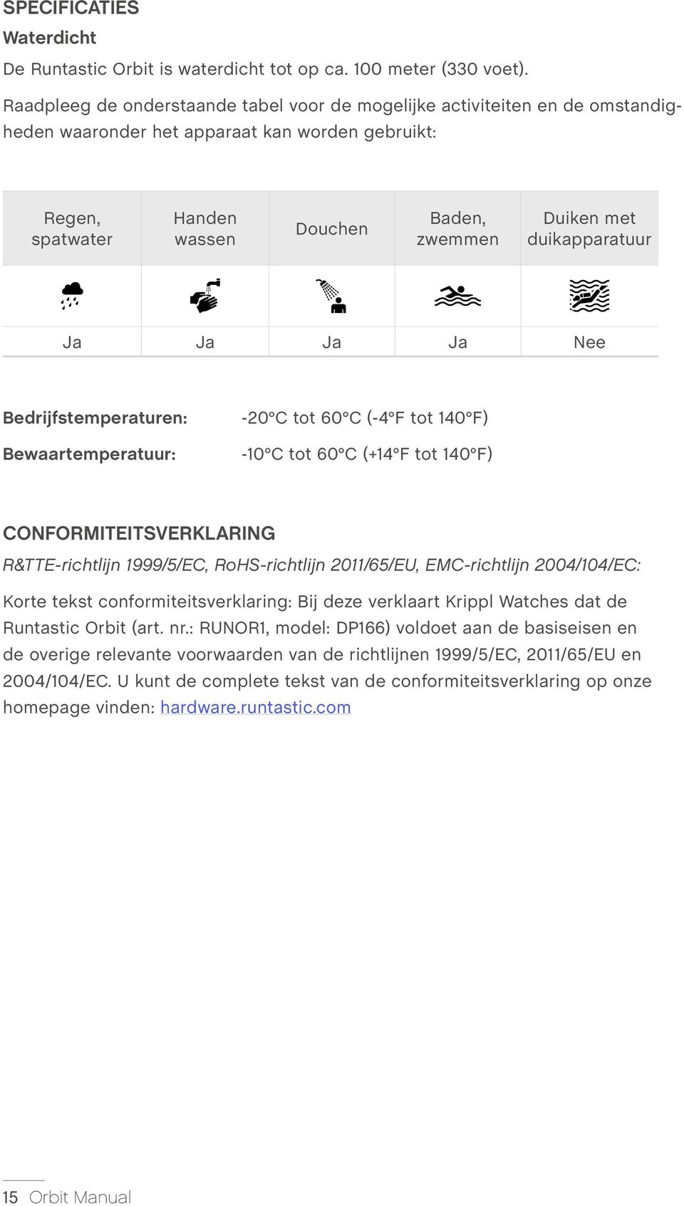 duikapparatuur Ja Ja Ja Ja Nee Bedrijfstemperaturen: Bewaartemperatuur: -20 C tot 60 C (-4 F tot 140 F) -10 C tot 60 C (+14 F tot 140 F) CONFORMITEITSVERKLARING R&TTE-richtlijn 1999/5/EC,