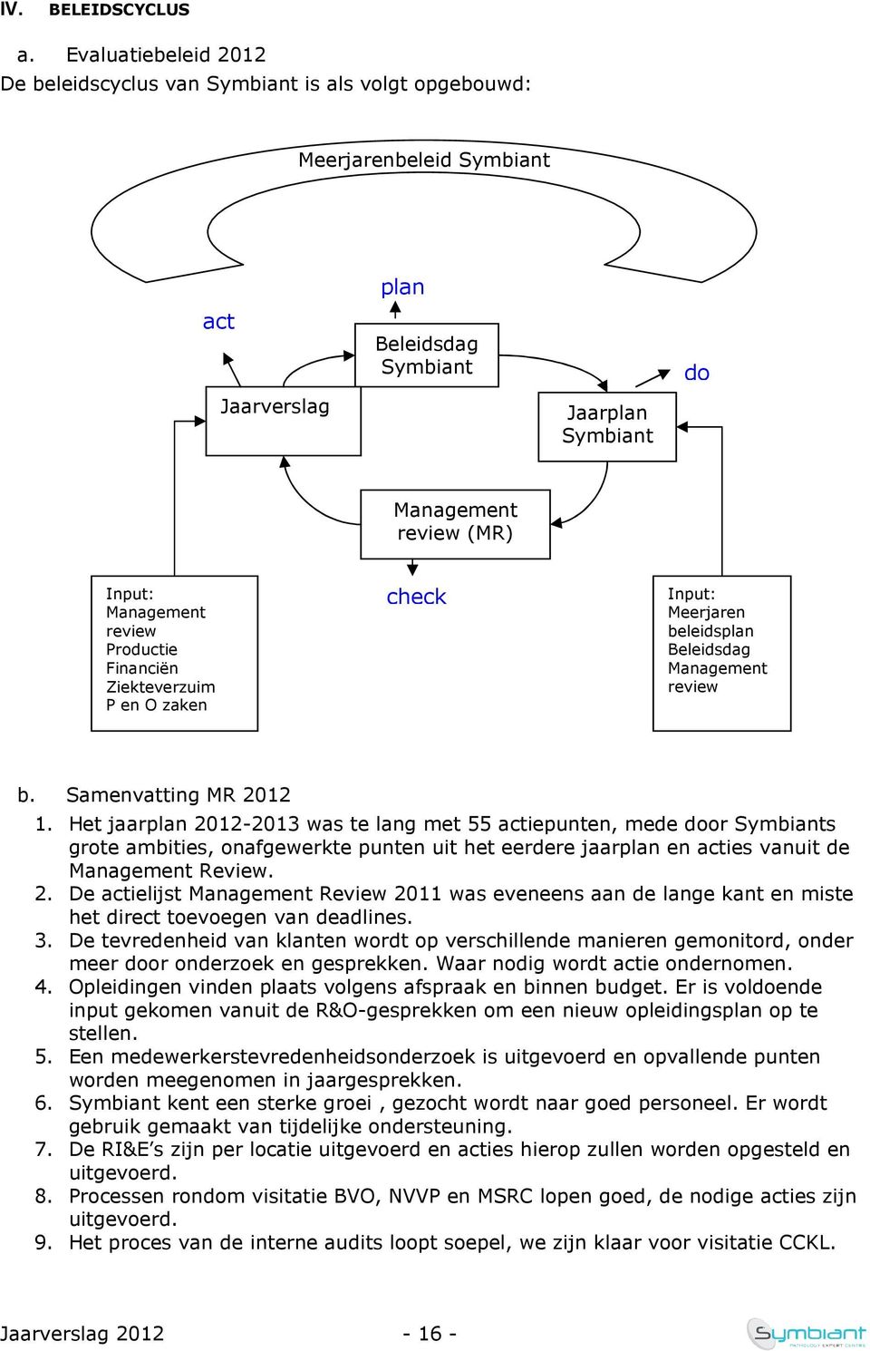 Management review Productie Financiën Ziekteverzuim P en O zaken check Input: Meerjaren beleidsplan Beleidsdag Management review b. Samenvatting MR 2012 1.