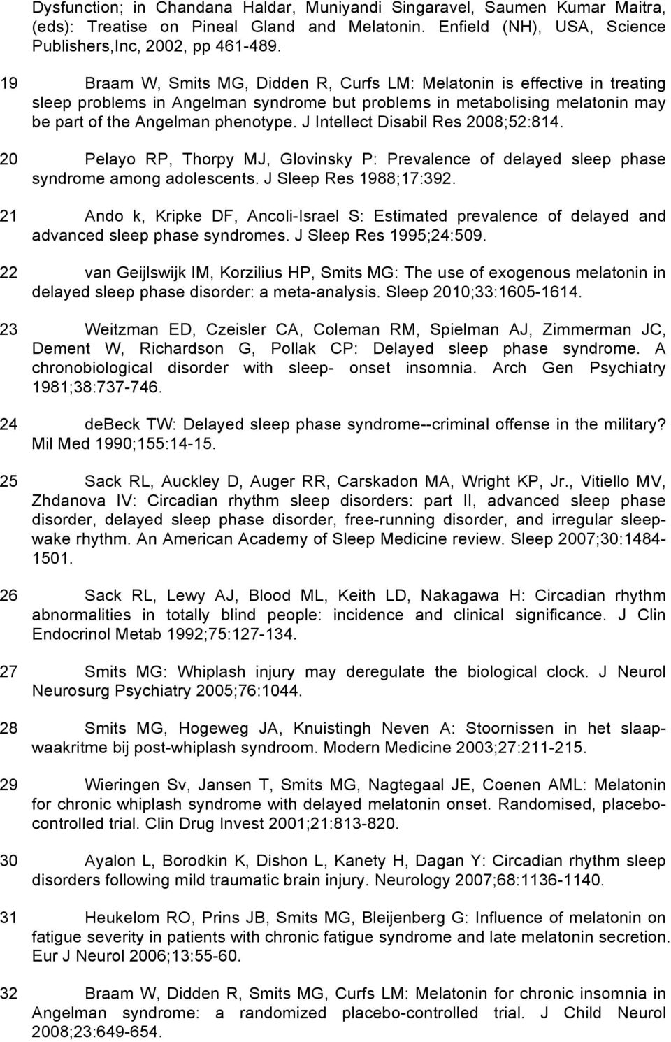 J Intellect Disabil Res 2008;52:814. 20 Pelayo RP, Thorpy MJ, Glovinsky P: Prevalence of delayed sleep phase syndrome among adolescents. J Sleep Res 1988;17:392.