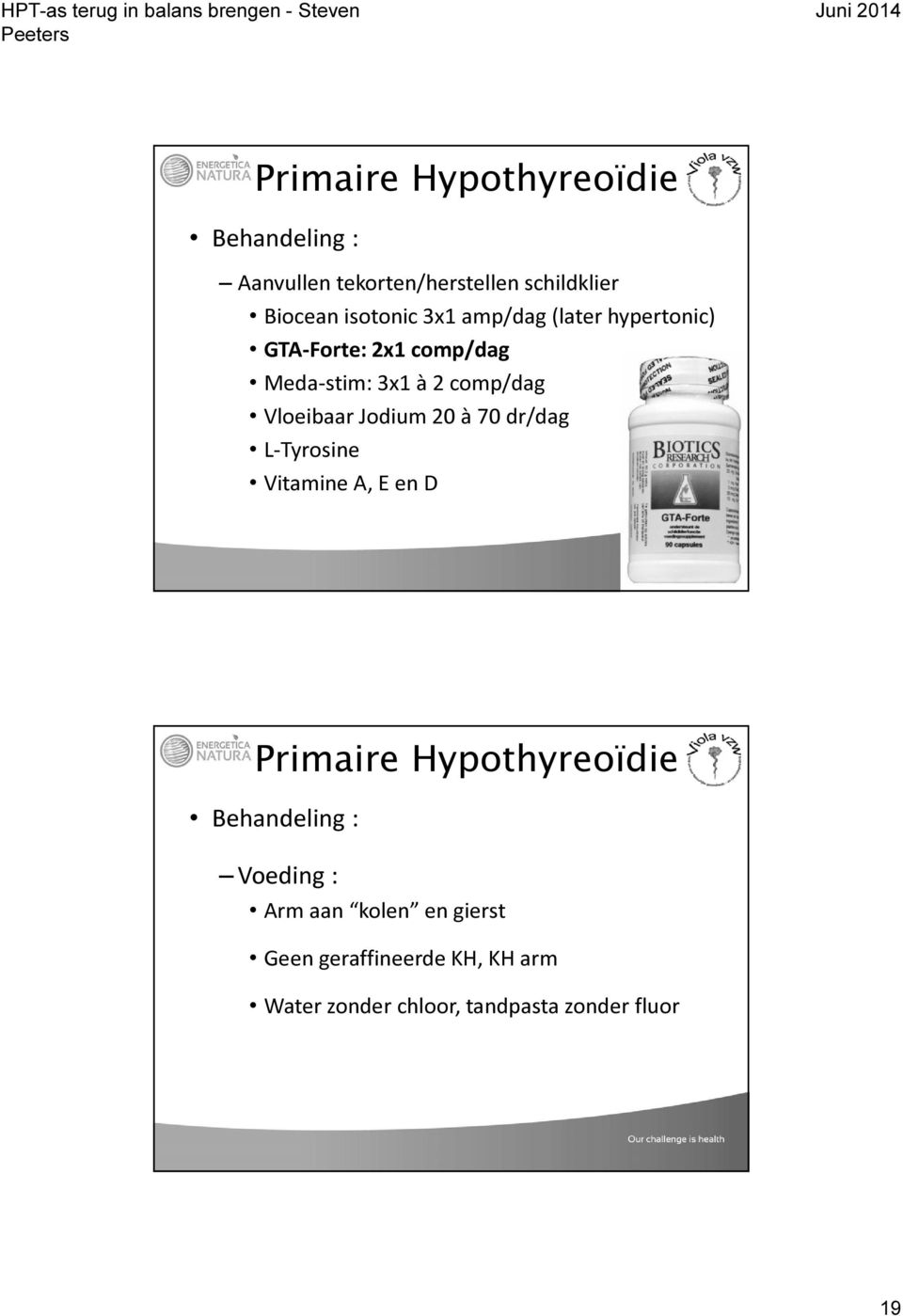 Jodium 20 à 70 dr/dag L-Tyrosine Vitamine A, E en D Primaire Hypothyreoïdie Behandeling : Voeding