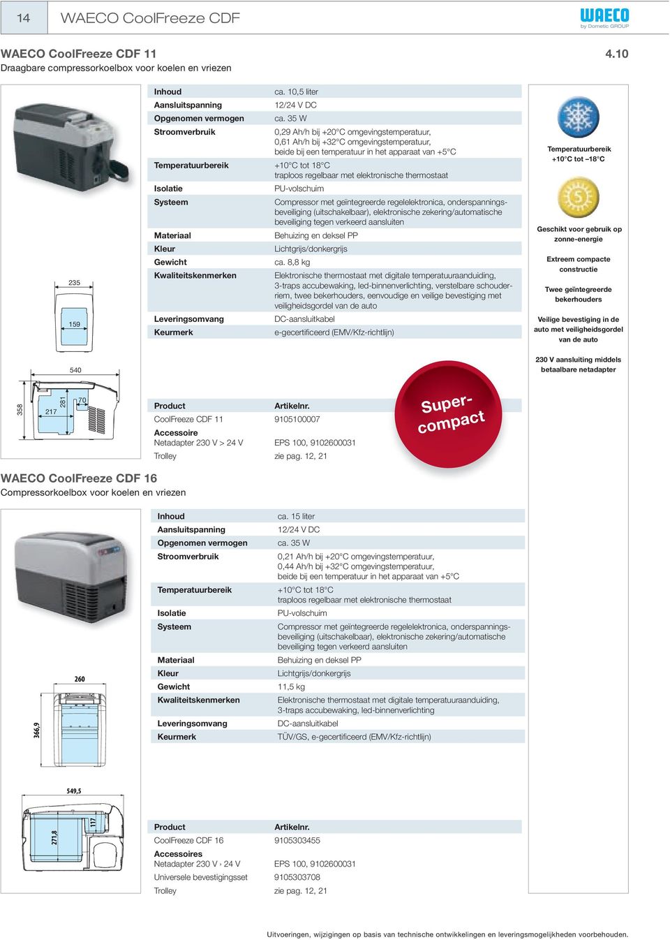 elektronische thermostaat PU-volschuim Compressor met geïntegreerde regelelektronica, onderspanningsbeveiliging (uitschakelbaar), elektronische zekering/automatische beveiliging tegen verkeerd