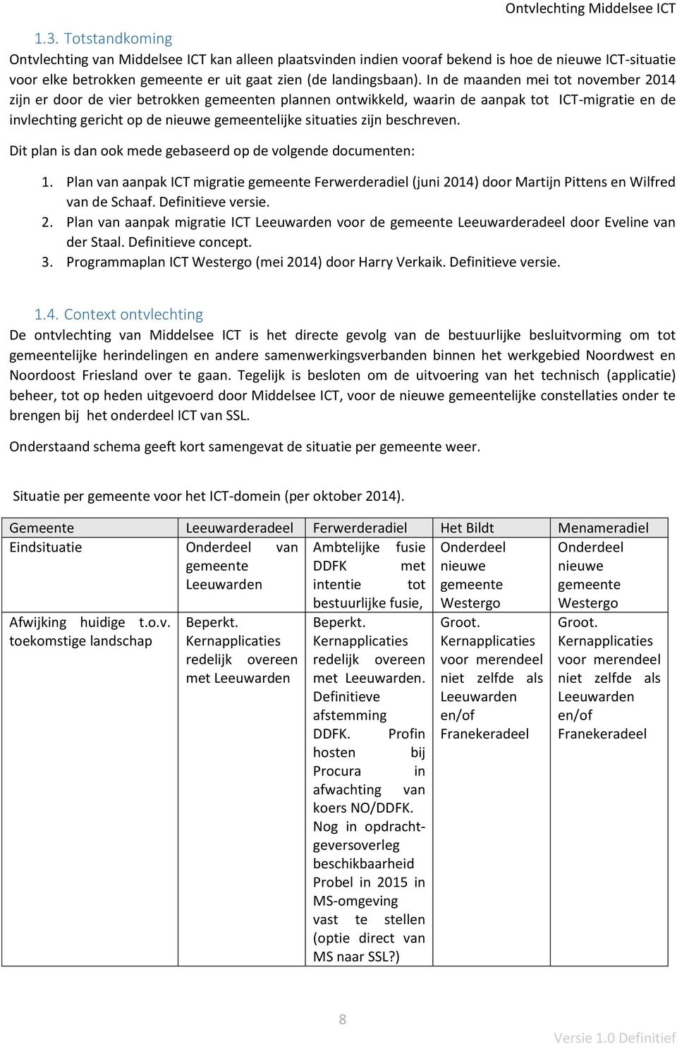 beschreven. Dit plan is dan ook mede gebaseerd op de volgende documenten: 1. Plan van aanpak ICT migratie gemeente Ferwerderadiel (juni 2014) door Martijn Pittens en Wilfred van de Schaaf.