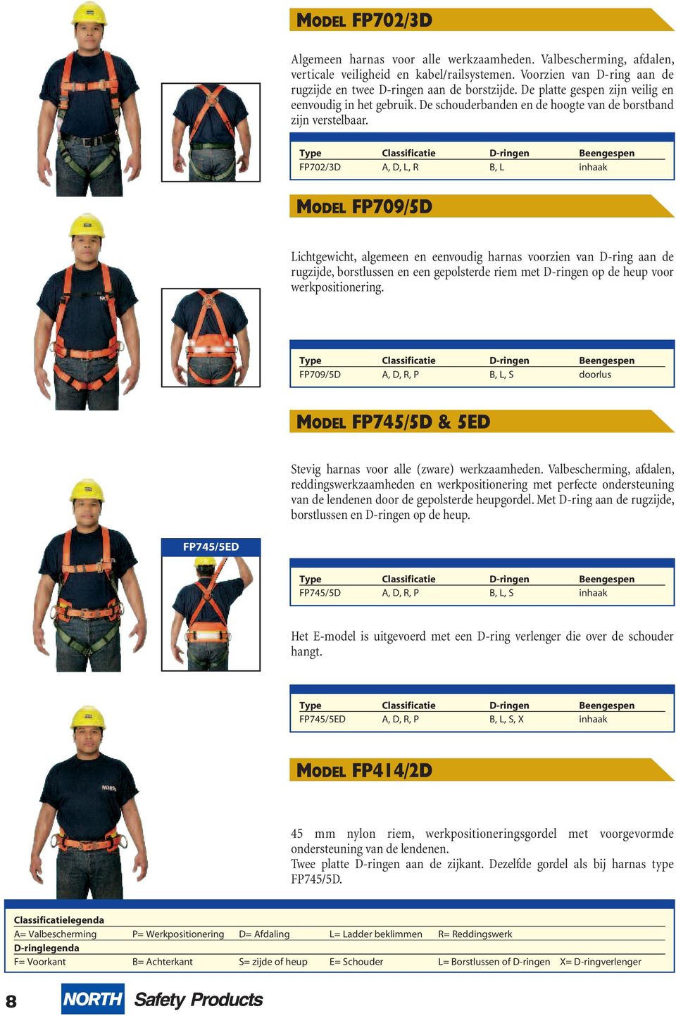 Type Classificatie D-ringen Beengespen FP702/3D A, D, L, R B, L inhaak MODEL FP709/5D Lichtgewicht, algemeen en eenvoudig harnas voorzien van D-ring aan de rugzijde, borstlussen en een gepolsterde