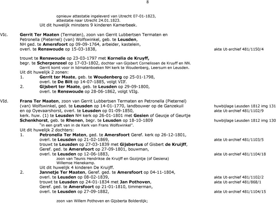 te Renswoude op 15-03-1838, akte Ut-archief 481/1150/4 trouwt te Renswoude op 23-03-1797 met Kornelia de Kruyff, begr. te Scherpenzeel op 17-03-1802, dochter van Gijsbert Cornelissen de Kruyff en NN.