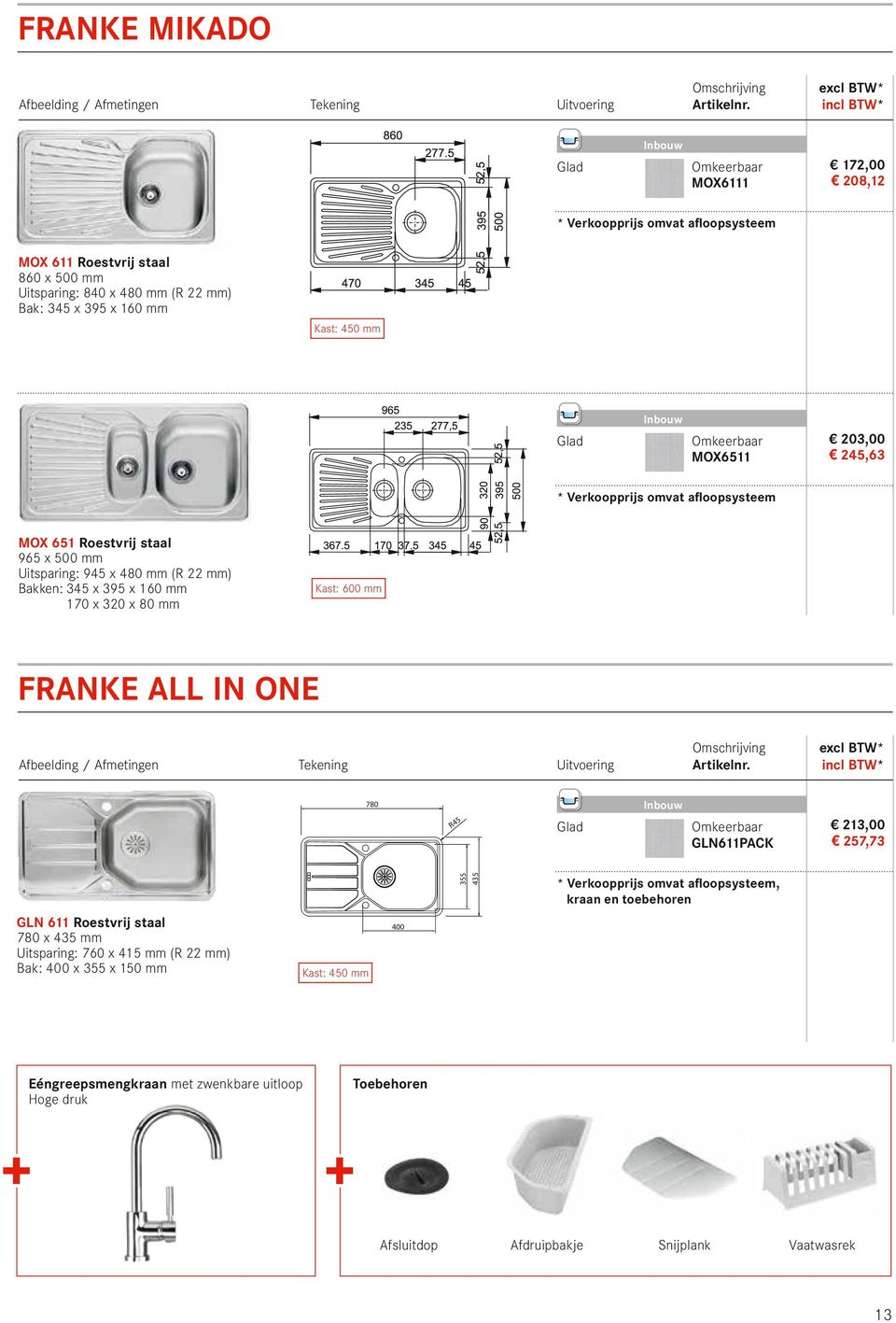 mm FRANKE ALL IN ONE 780 R45 GLN611PACK 213,00 257,73 GLN 611 Roestvrij staal 780 x 435 mm Uitsparing: 760 x 415 mm (R 22 mm) Bak: 400 x 355 x 150 mm