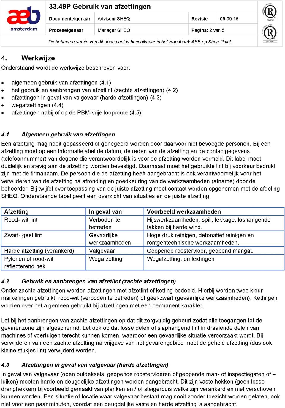 4) afzettingen nabij of op de PBM-vrije looproute (4.5) 4.1 Algemeen gebruik van afzettingen Een afzetting mag nooit gepasseerd of genegeerd worden door daarvoor niet bevoegde personen.