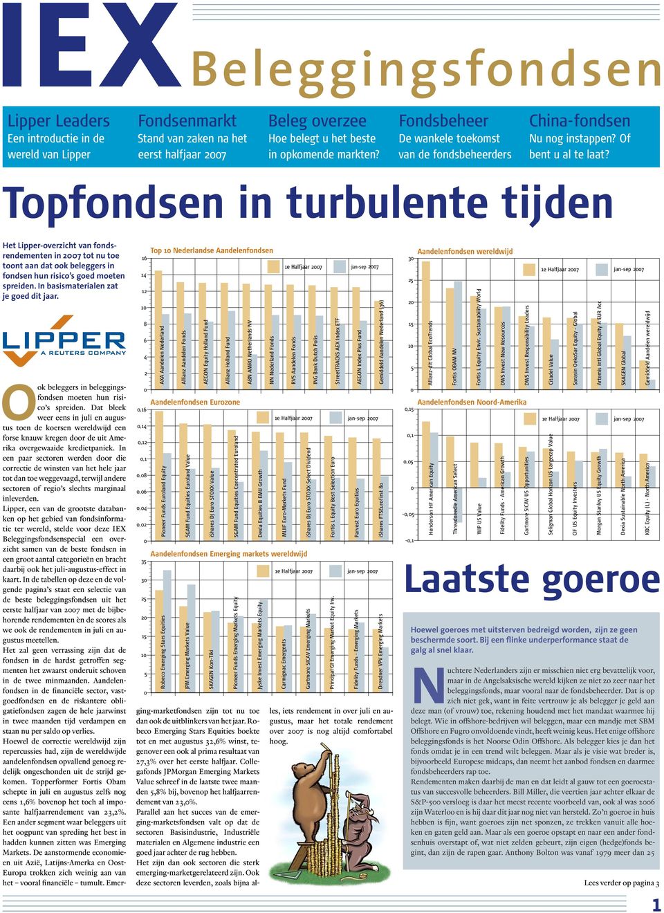 Topfondsen in turbulente tijden Het Lipper-overzicht van fondsrendementen in 2007 tot nu toe toont aan dat ook beleggers in fondsen hun risico s goed moeten spreiden.