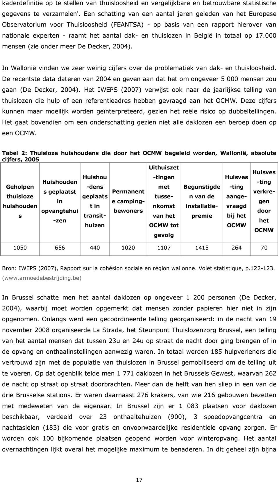 in België in totaal op 17.000 mensen (zie onder meer De Decker, 2004). In Wallonië vinden we zeer weinig cijfers over de problematiek van dak- en thuisloosheid.