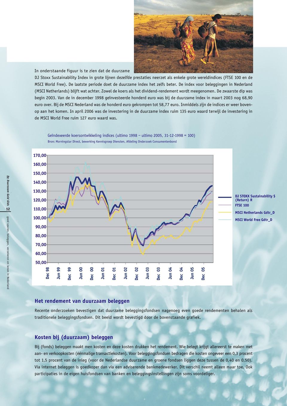 De zwaarste dip was begin 2003. Van de in december 1998 geïnvesteerde honderd euro was bij de duurzame index in maart 2003 nog 68,90 euro over.