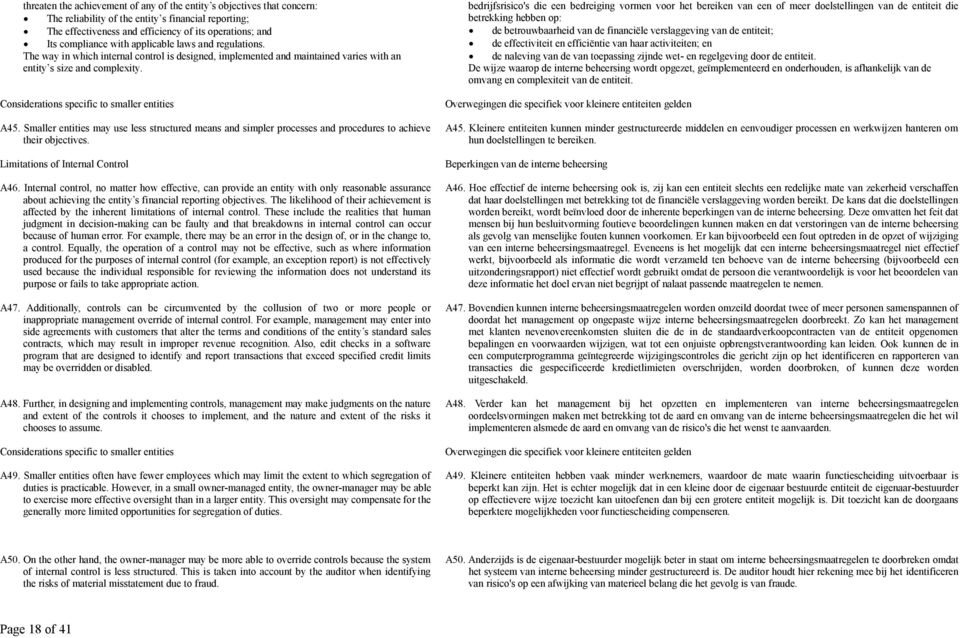 Considerations specific to smaller entities A45. Smaller entities may use less structured means and simpler processes and procedures to achieve their objectives. Limitations of Internal Control A46.