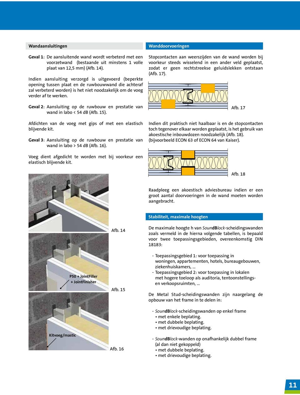 Geval 2: Aansluiting op de ruwbouw en prestatie van wand in labo < 54 db (Afb. 15). Afdichten van de voeg met gips of met een elastisch blijvende kit.