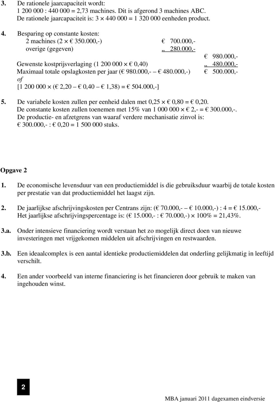 000,- of [1 200 000 ( 2,20 0,40 1,38) = 504.000,-] 5. De variabele kosten zullen per eenheid dalen met 0,25 0,80 = 0,20. De constante kosten zullen toenemen met 15% van 1 000 000 2,- = 300.000,-. De productie- en afzetgrens van waaraf verdere mechanisatie zinvol is: 300.