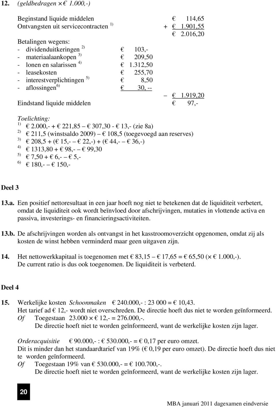 312,50 - leasekosten 255,70 - interestverplichtingen 5) 8,50 - aflossingen 6) 30, -- 1.919,20 Eindstand liquide middelen 97,- Toelichting: 1) 2.