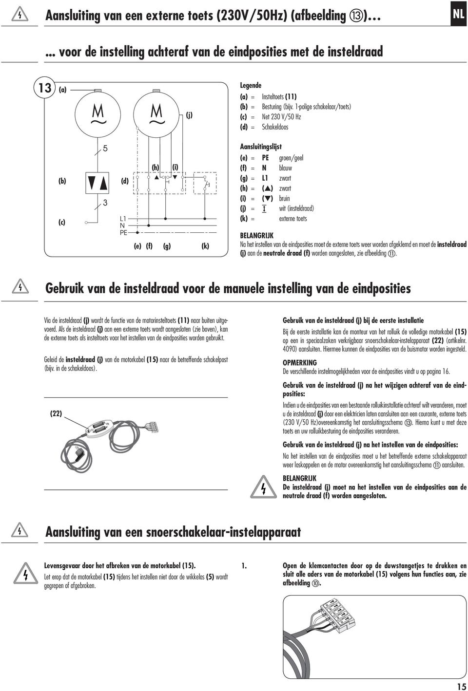 (insteldraad) (k) = externe toets (e) (f) (g) (k) Na het instellen van de eindposities moet de externe toets weer worden afgeklemd en moet de insteldraad (j) aan de neutrale draad (f) worden