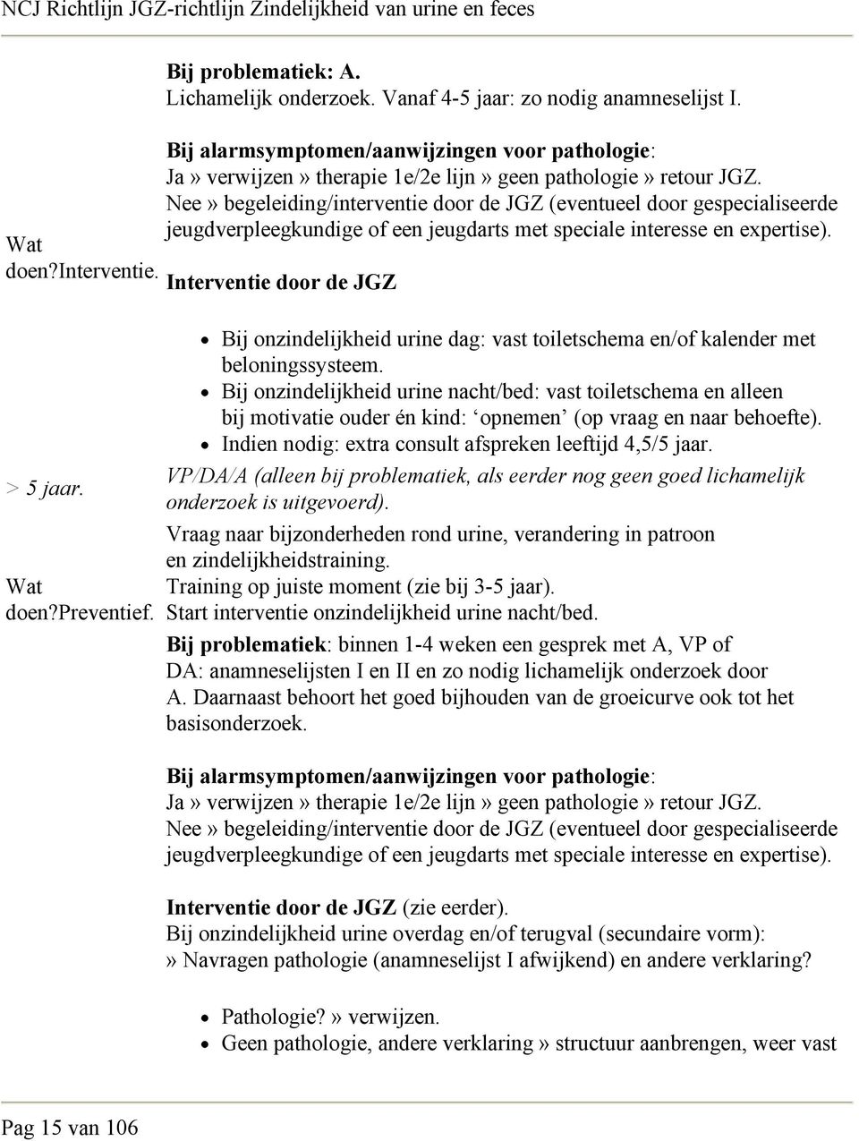 Wat doen?preventief. Bij onzindelijkheid urine dag: vast toiletschema en/of kalender met beloningssysteem.