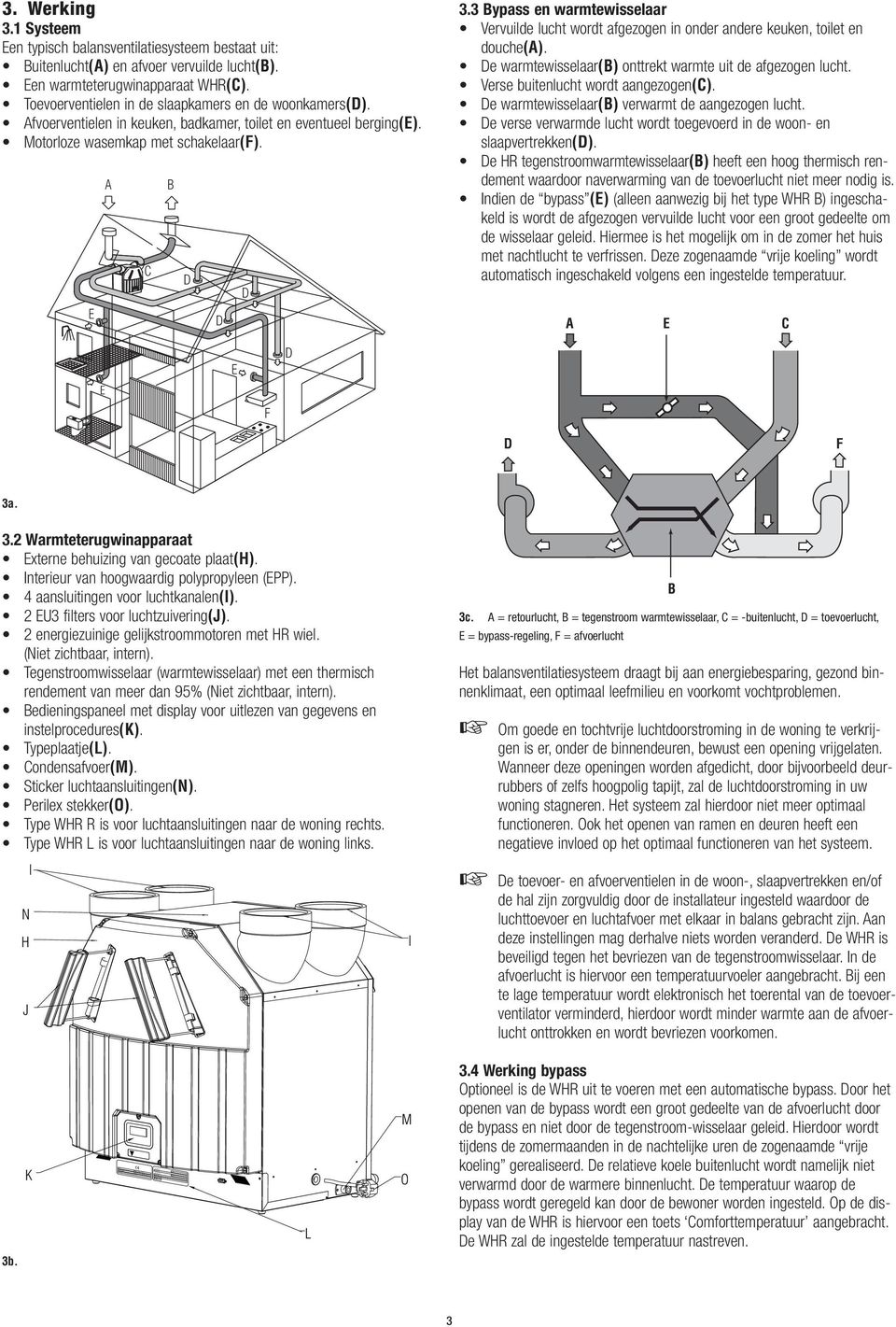 Afvoerventielen in keuken, badkamer, toilet en eventueel berging(e). Motorloze wasemkap met schakelaar(f). E A C 3.