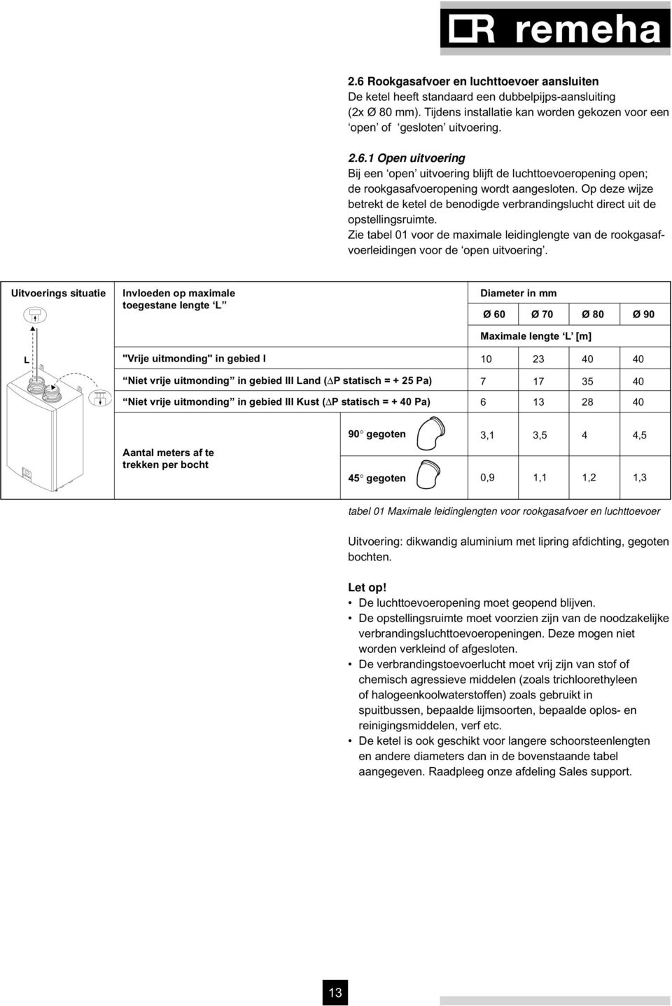 Uitvoerings situatie L Invloeden op maximale toegestane lengte L "Vrije uitmonding" in gebied I Diameter in mm Ø60 Ø70 Ø80 Ø90 Maximale lengte L [m] 10 23 40 40 Niet vrije uitmonding in gebied III