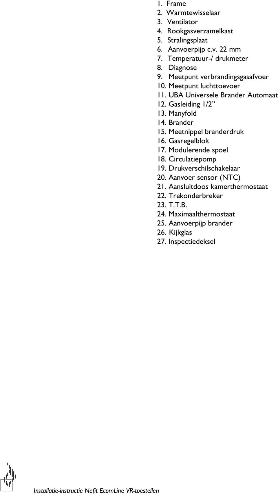 Manyfold 14. Brander 15. Meetnippel branderdruk 16. Gasregelblok 17. Modulerende spoel 18. Circulatiepomp 19. Drukverschilschakelaar 20.