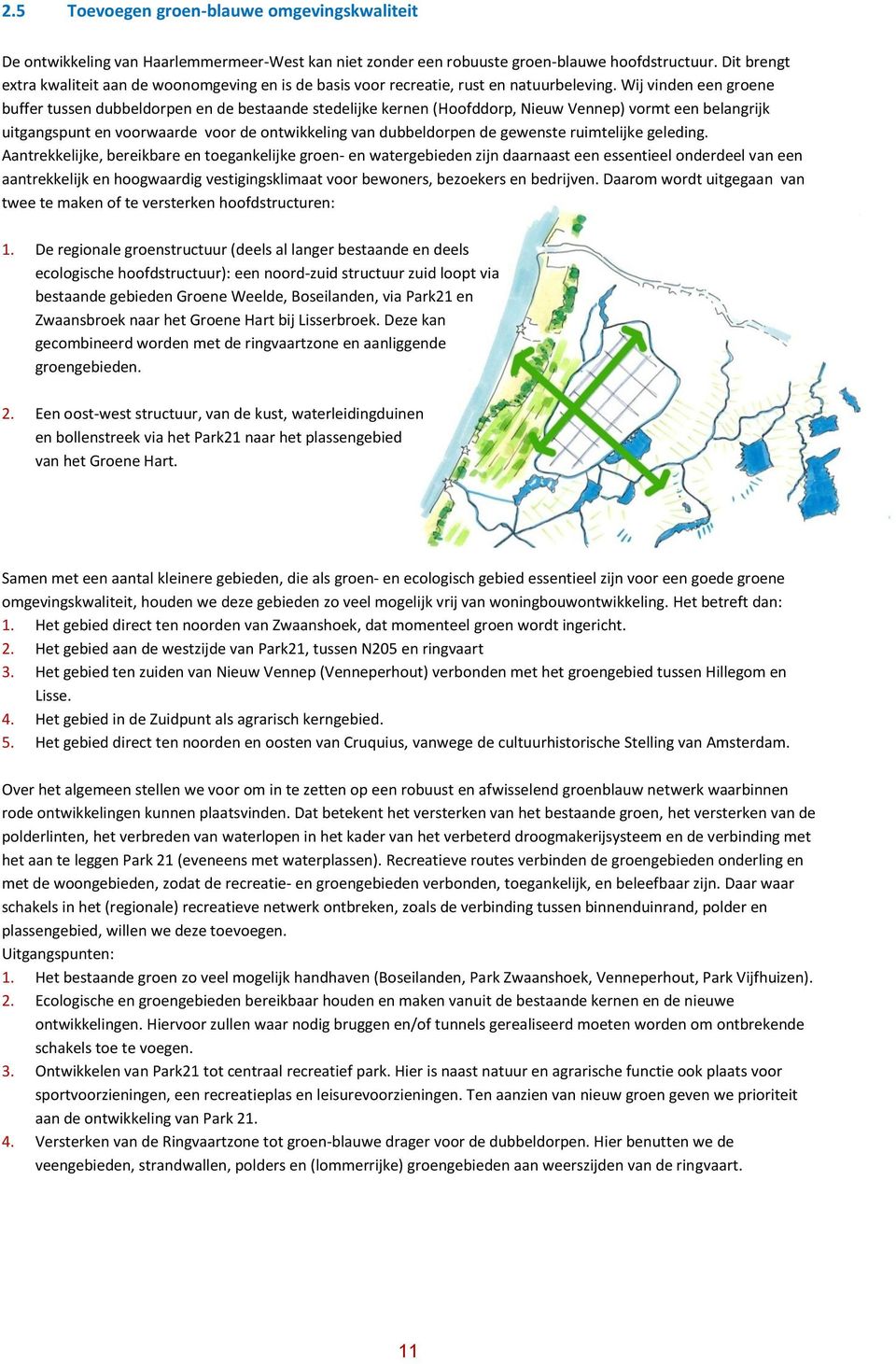 Wij vinden een groene buffer tussen dubbeldorpen en de bestaande stedelijke kernen (Hoofddorp, Nieuw Vennep) vormt een belangrijk uitgangspunt en voorwaarde voor de ontwikkeling van dubbeldorpen de