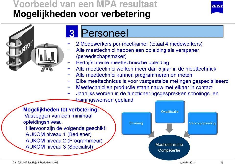 gespecialiseerd Meettechnici en productie staan nauw met elkaar in contact Jaarlijks worden in de functioneringsgesprekken scholings- en trainingswensen gepland Mogelijkheden tot verbetering: