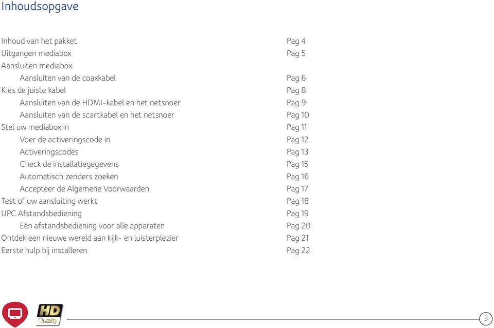 Activeringscodes Pag 13 Check de installatiegegevens Pag 15 Automatisch zenders zoeken Pag 16 Accepteer de Algemene Voorwaarden Pag 17 Test of uw aansluiting werkt