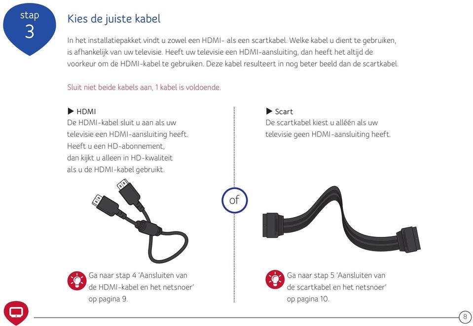 Sluit niet beide kabels aan, 1 kabel is voldoende. u HDMI De HDMI-kabel sluit u aan als uw televisie een HDMI-aansluiting heeft.