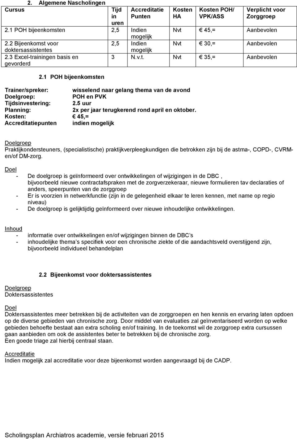 1 POH bijeenkomsten Trainer/spreker: wisselend naar gelang thema van de avond POH en PVK Tijdsinvestering: 2.5 uur Planning: 2x per jaar terugkerend rond april en oktober.