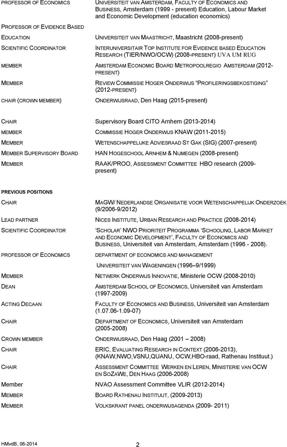 (2008-PRESENT) UVA UM RUG MEMBER AMSTERDAM ECONOMIC BOARD METROPOOLREGIO AMSTERDAM (2012- PRESENT) MEMBER CHAIR (CROWN MEMBER) REVIEW COMMISSIE HOGER ONDERWIJS PROFILERINGSBEKOSTIGING (2012-PRESENT)