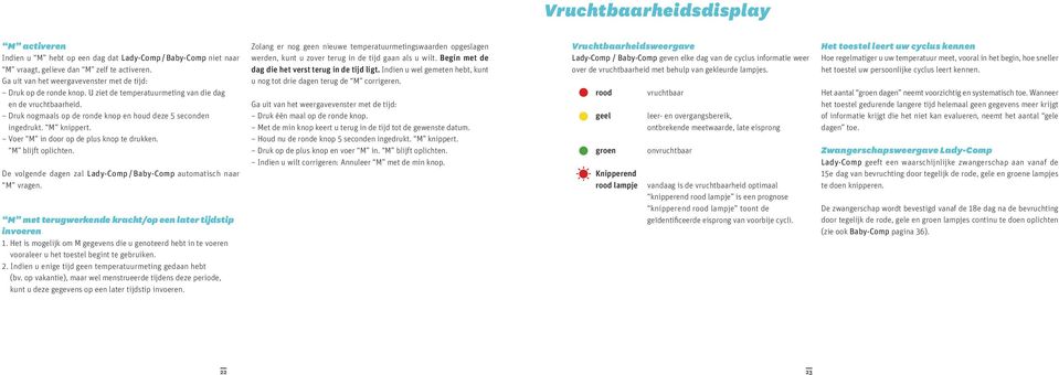 M blijft oplichten. De volgende dagen zal Lady-Comp / Baby-Comp automatisch naar M vragen. M met terugwerkende kracht/op een later tijdstip invoeren 1.