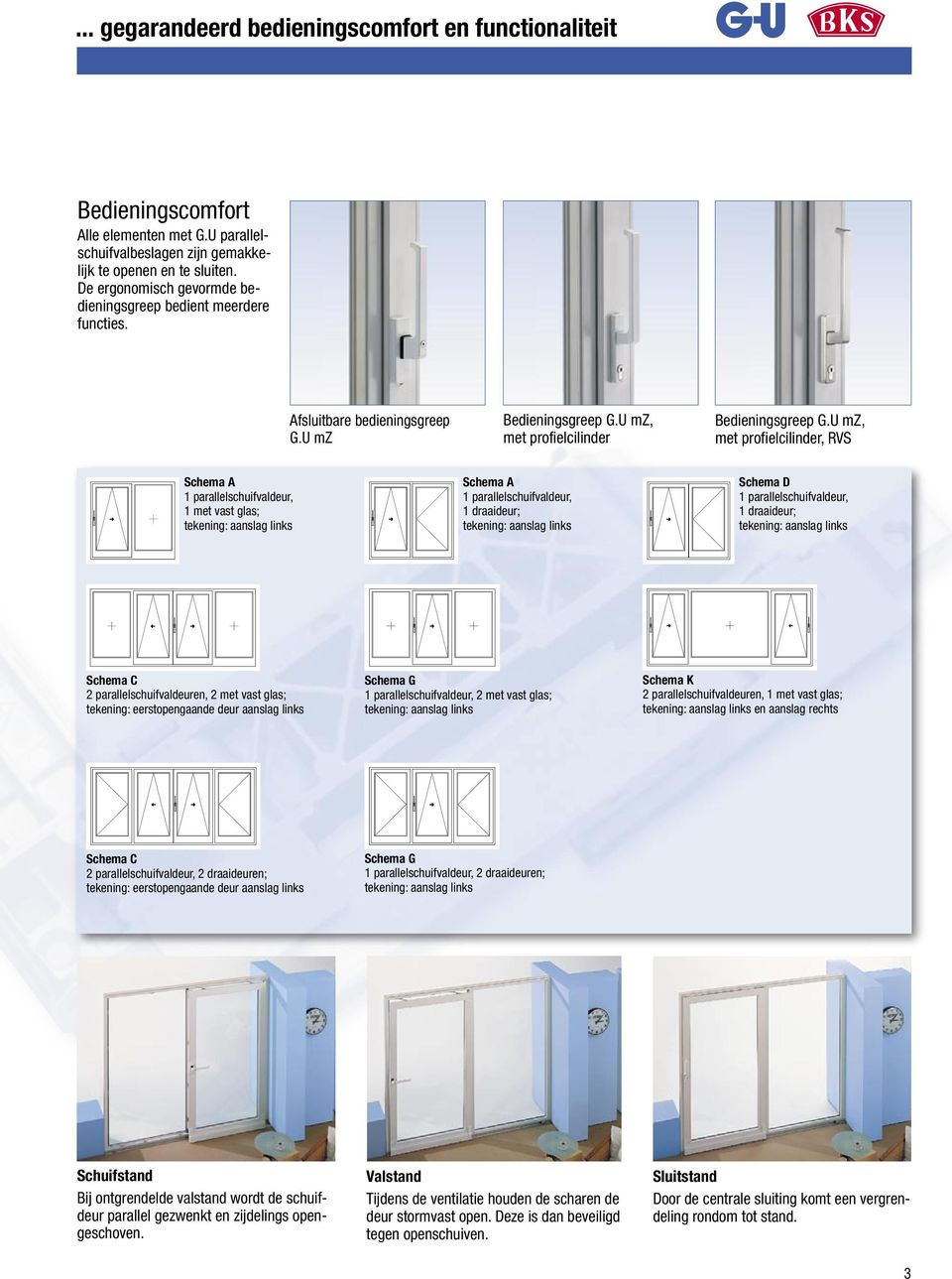 U mz, met profielcilinder, RVS Schema A 1 parallelschuifvaldeur, 1 met vast glas; tekening: aanslag links Schema A 1 parallelschuifvaldeur, 1 draaideur; tekening: aanslag links Schema D 1