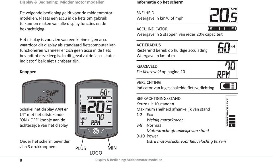 Het display is voorzien van een kleine eigen accu waardoor dit display als standaard fietscomputer kan functioneren wanneer er zich geen accu in de fiets bevindt of deze leeg is.