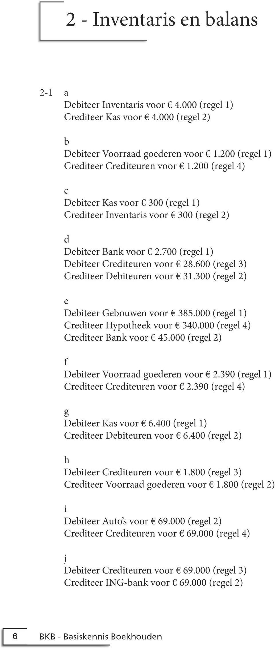 300 (regel 2) e Debiteer Gebouwen voor 385.000 (regel 1) Crediteer Hypotheek voor 340.000 (regel 4) Crediteer Bank voor 45.000 (regel 2) f Debiteer Voorraad goederen voor 2.