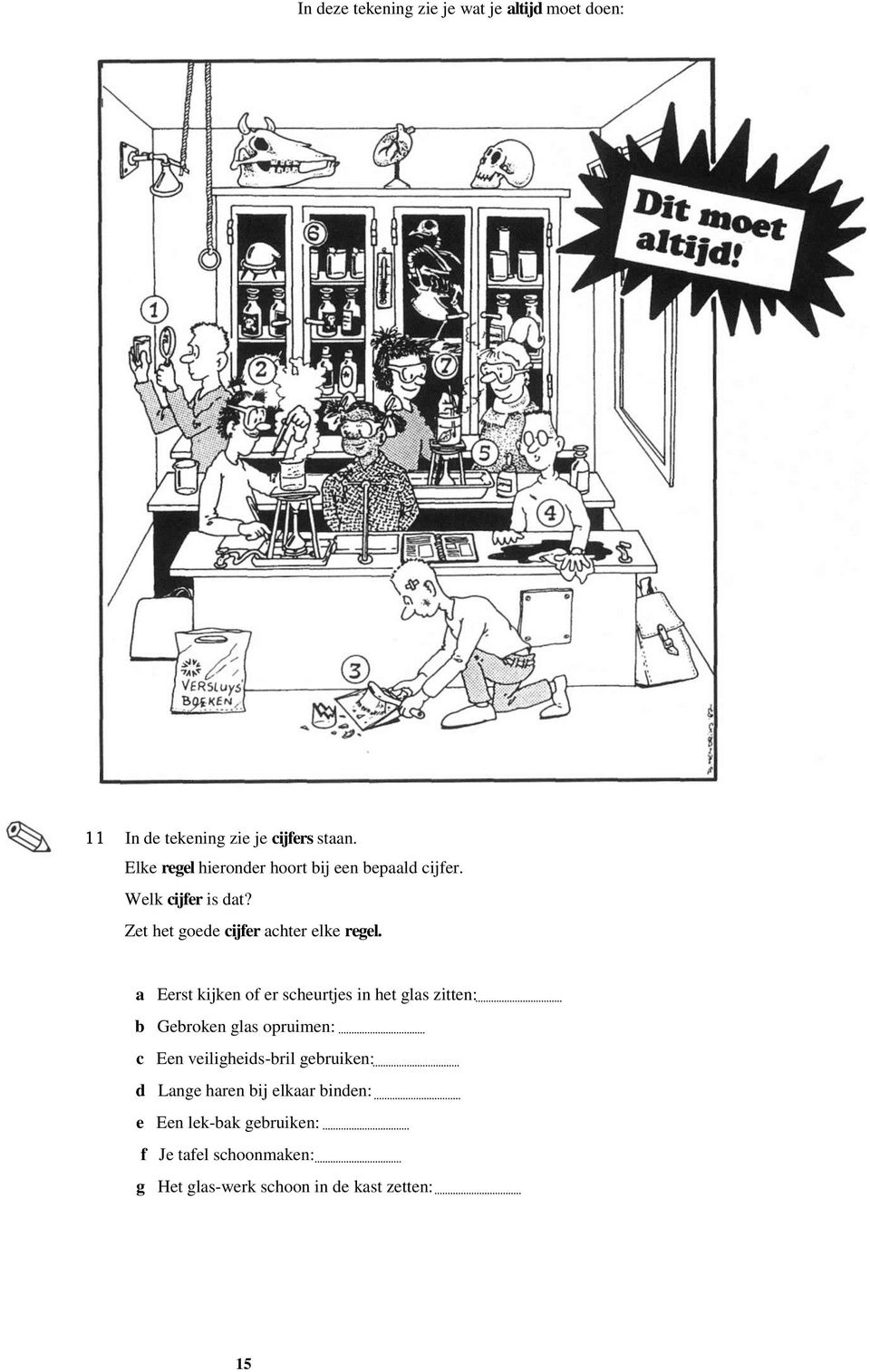 a Eerst kijken of er scheurtjes in het glas zitten: b Gebroken glas opruimen: c Een veiligheids-bril