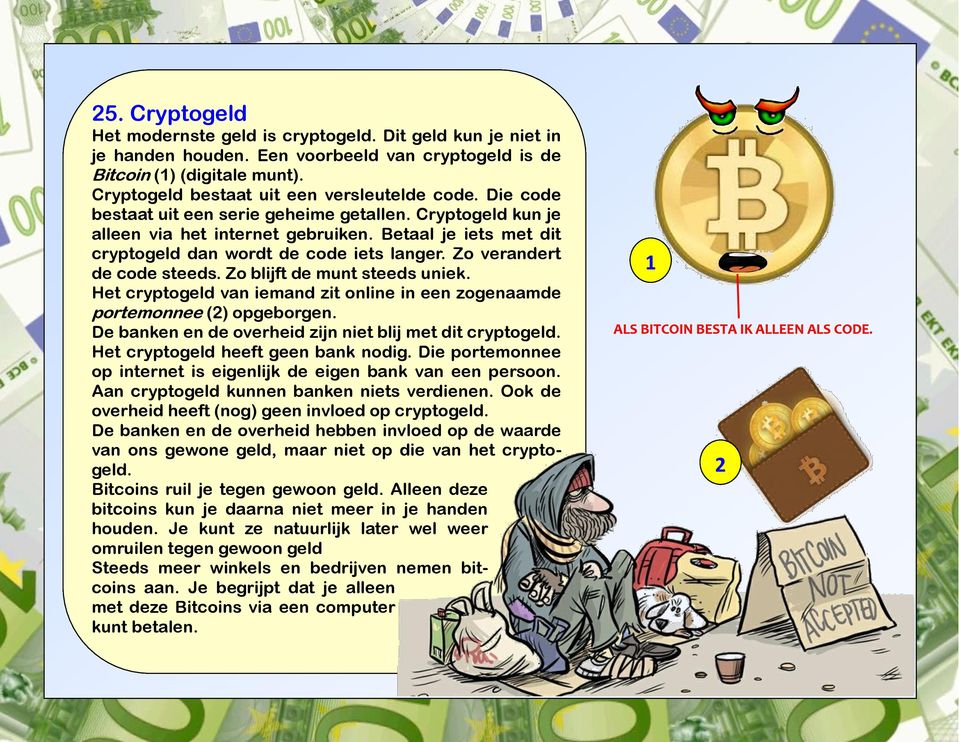 Zo blijft de munt steeds uniek. Het cryptogeld van iemand zit online in een zogenaamde portemonnee (2) opgeborgen. De banken en de overheid zijn niet blij met dit cryptogeld.