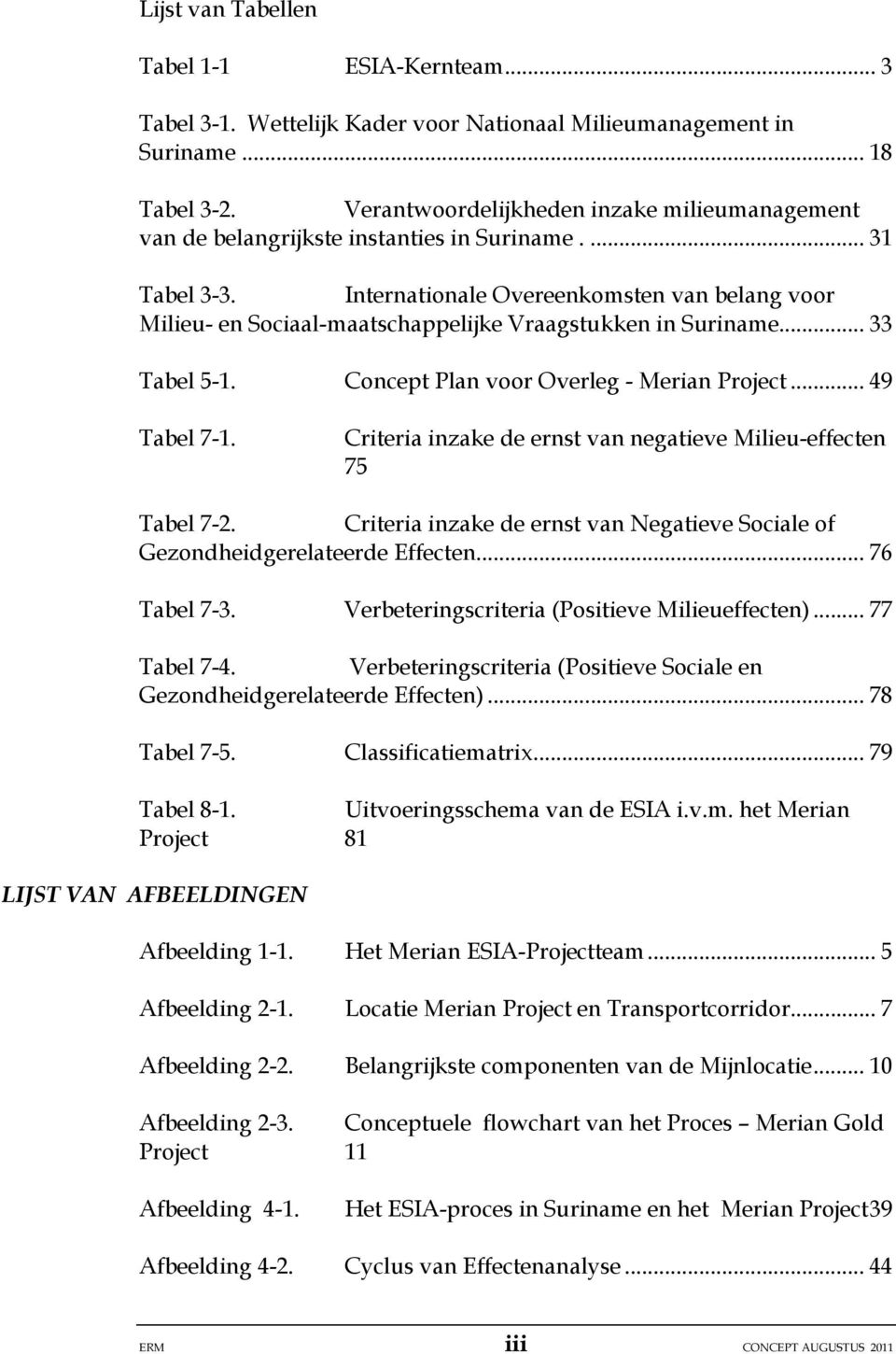 Internationale Overeenkomsten van belang voor Milieu- en Sociaal-maatschappelijke Vraagstukken in Suriname... 33 Tabel 5-1. Concept Plan voor Overleg - Merian Project... 49 Tabel 7-1.