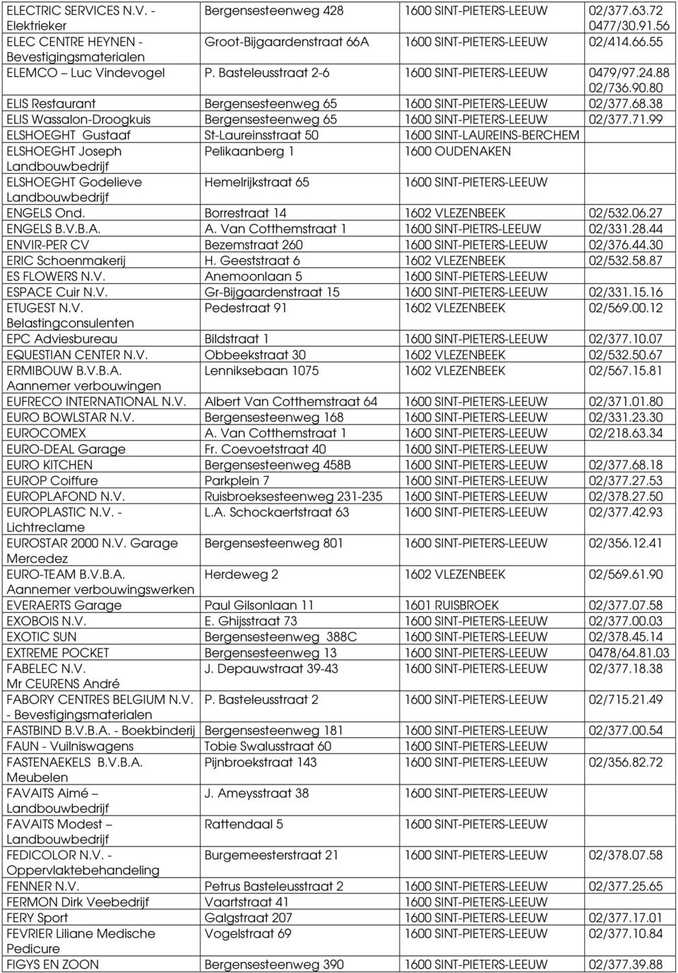 99 ELSHOEGHT Gustaaf St-Laureinsstraat 50 1600 SINT-LAUREINS-BERCHEM ELSHOEGHT Joseph Pelikaanberg 1 1600 OUDENAKEN ELSHOEGHT Godelieve Hemelrijkstraat 65 ENGELS Ond.
