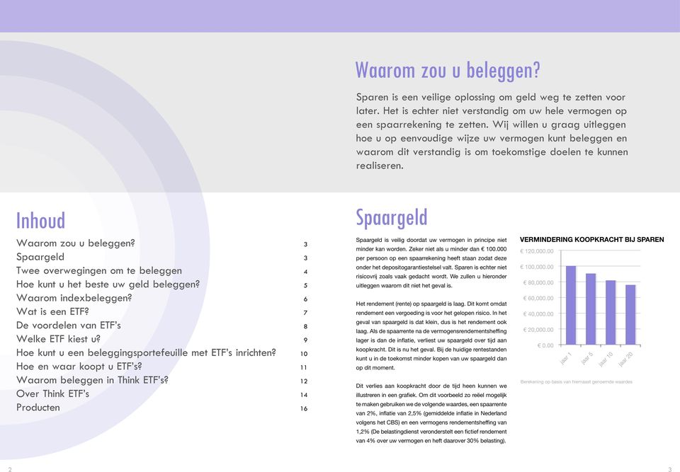 3 Spaargeld 3 Twee overwegingen om te beleggen 4 Hoe kunt u het beste uw geld beleggen? 5 Waarom indexbeleggen? 6 Wat is een ETF? 7 De voordelen van ETF s 8 Welke ETF kiest u?