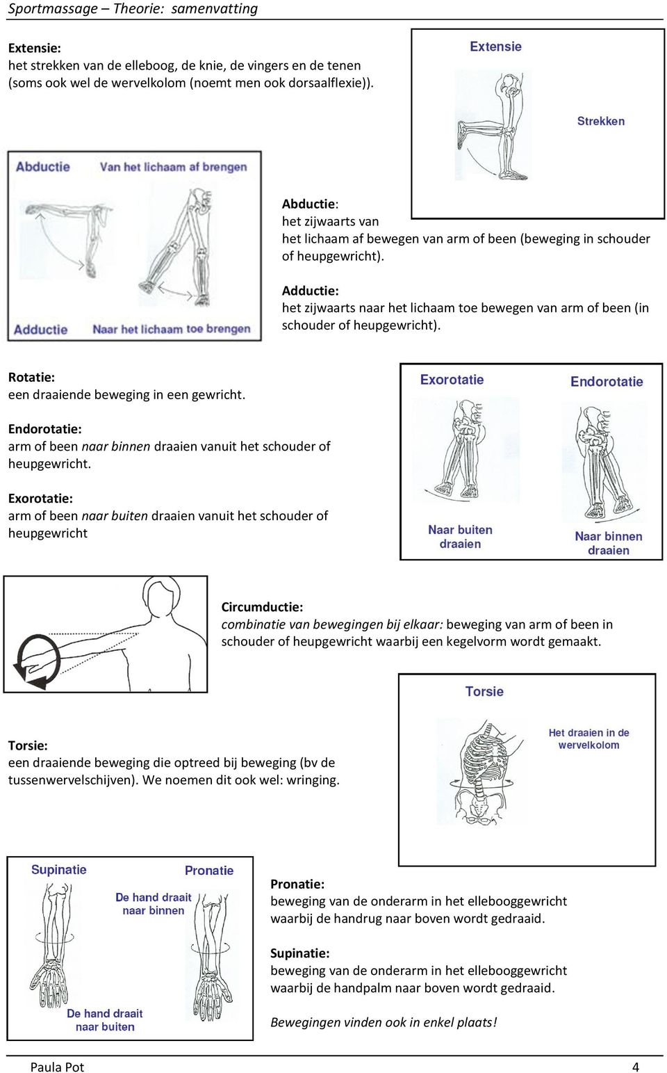Adductie: het zijwaarts naar het lichaam toe bewegen van arm of been (in schouder of heupgewricht). Rotatie: een draaiende beweging in een gewricht.